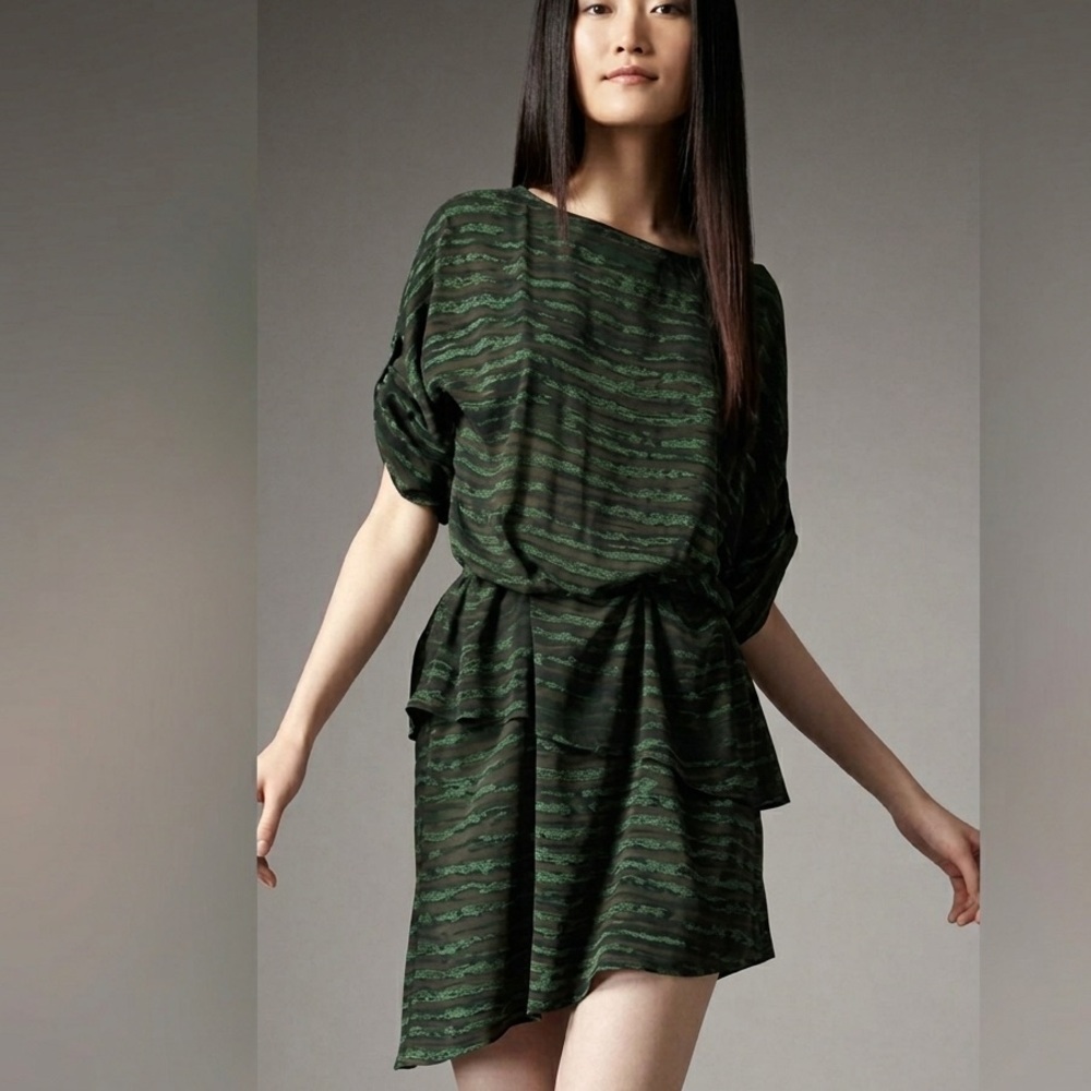 Alice & Olivia Bobbi Silk & Suede Trim Asymmetrical Mini Dress – Green | Size S